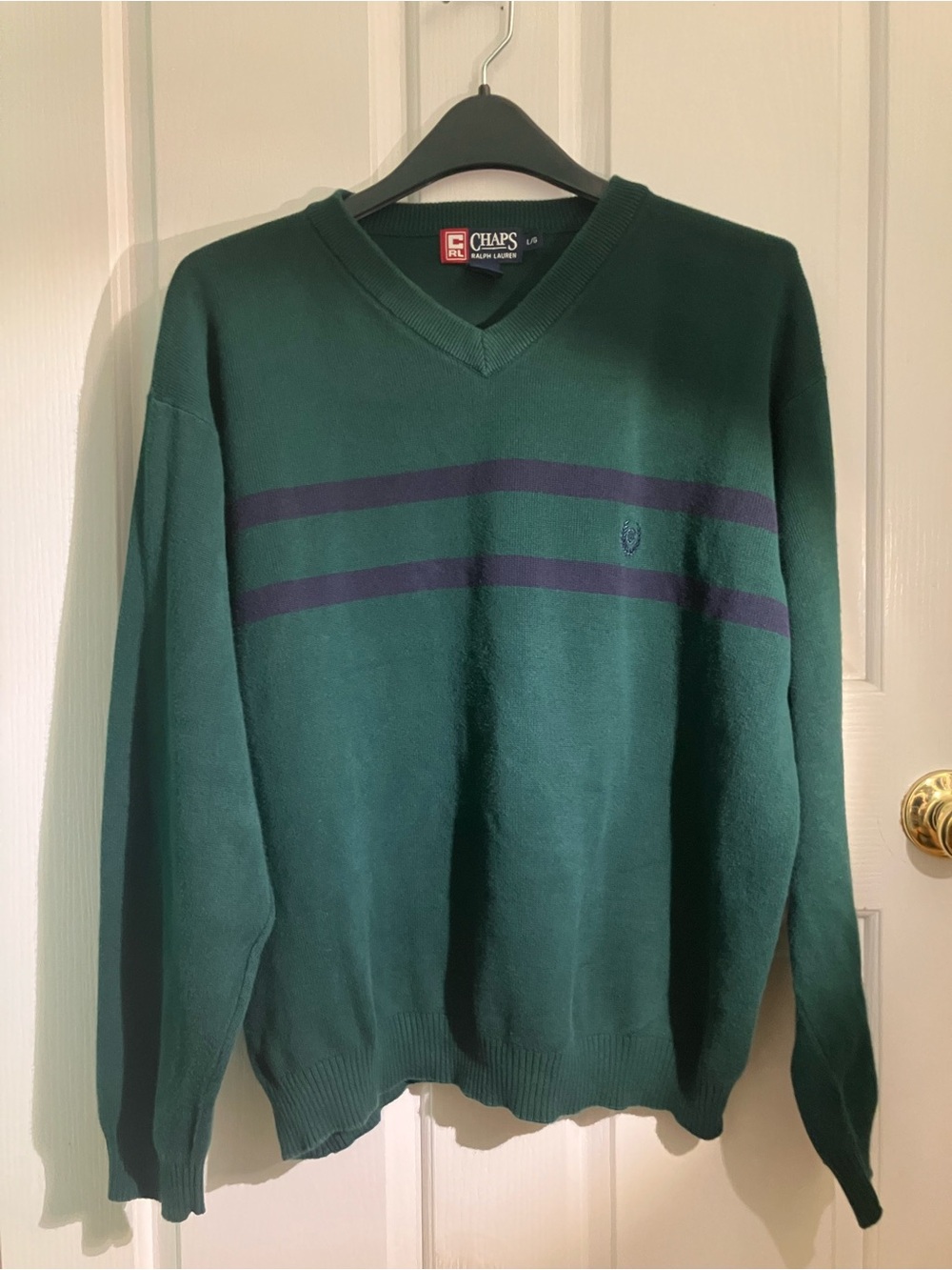 Ralph Lauren Green V-Neck Sweater with Navy Stripes